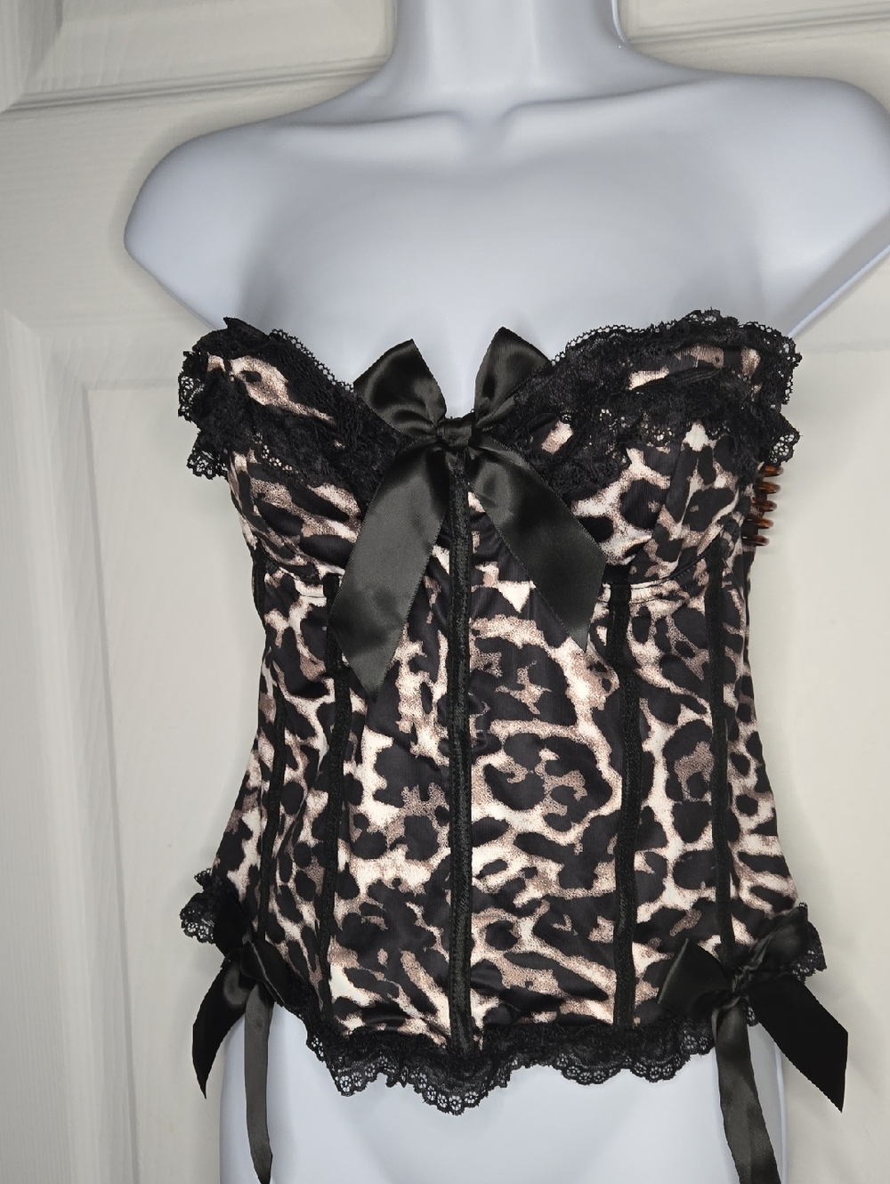 Leopard Print Lace Bustier Top with Black Satin Bows